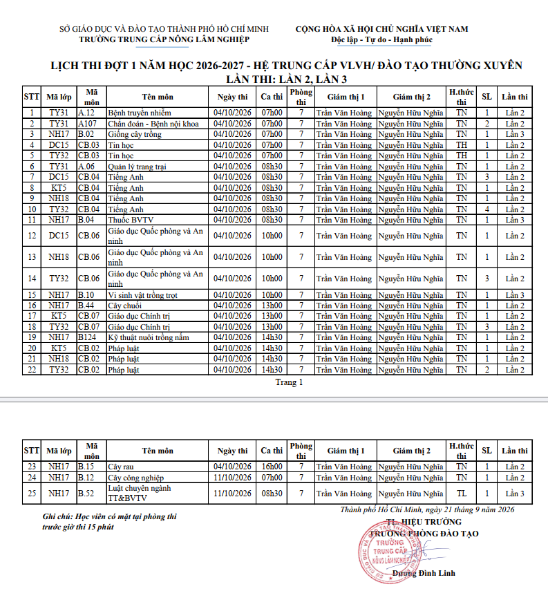 Lịch thi đợt 01 năm học 2026-2027 hệ trung cấp đào tạo thường xuyên